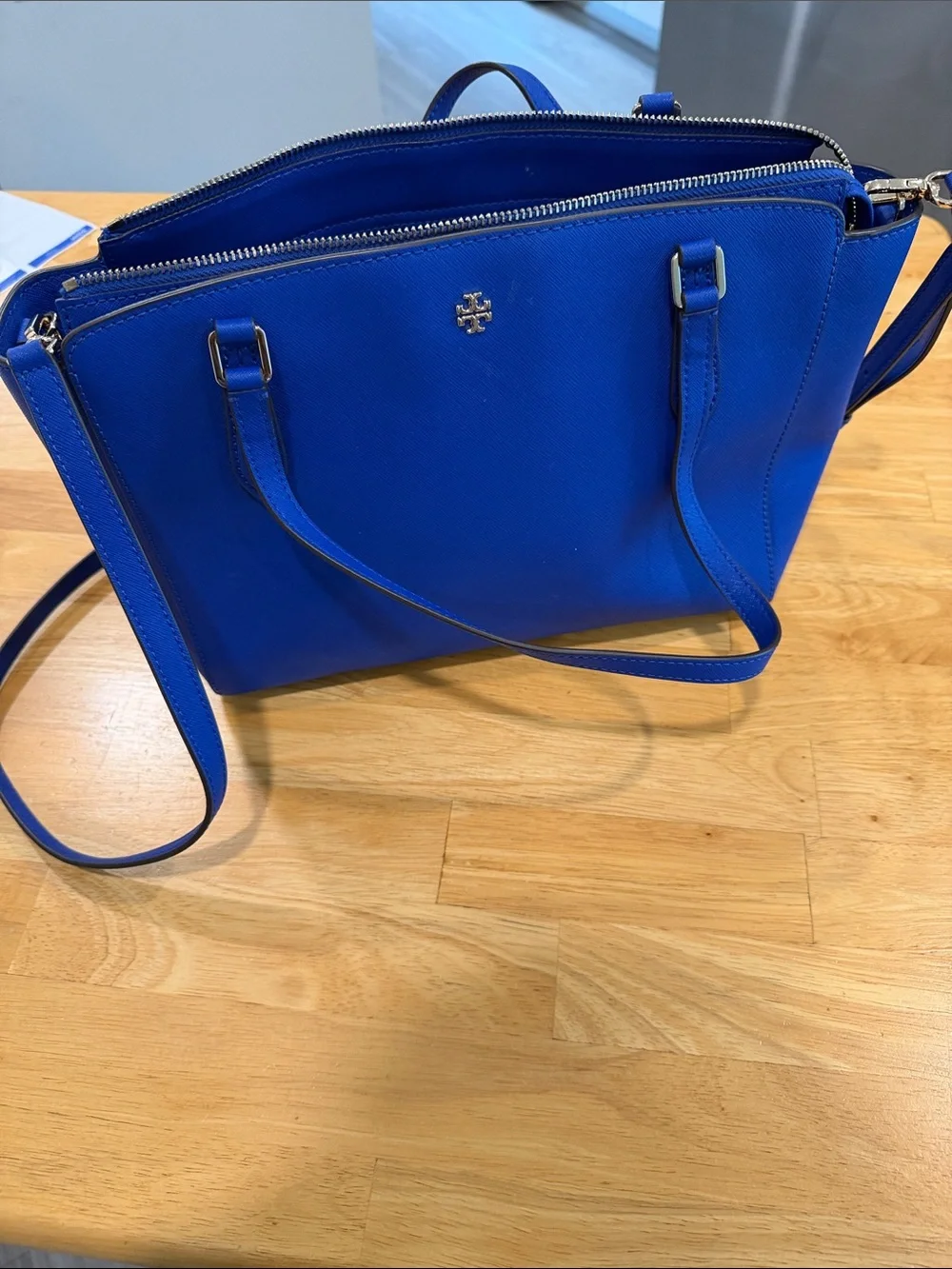 Tory Burch cobalt blue Saffiano crossbody tote